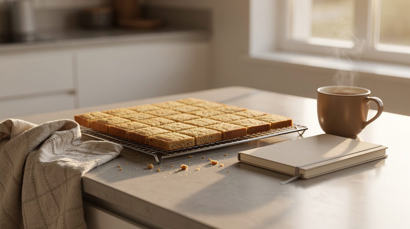 Evenly cut homemade edible bars cooling on a rack in a calm kitchen