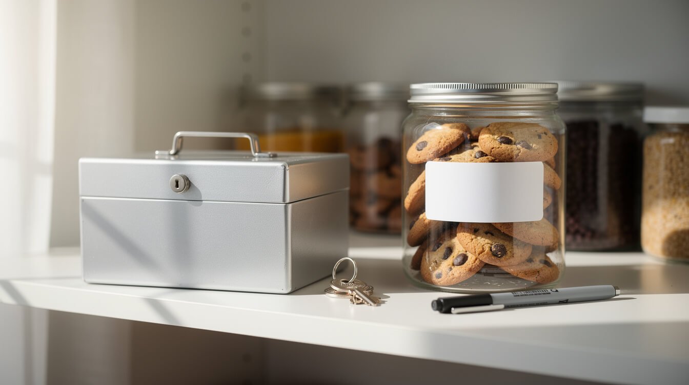 Labeled airtight container of homemade edibles next to a locking storage box