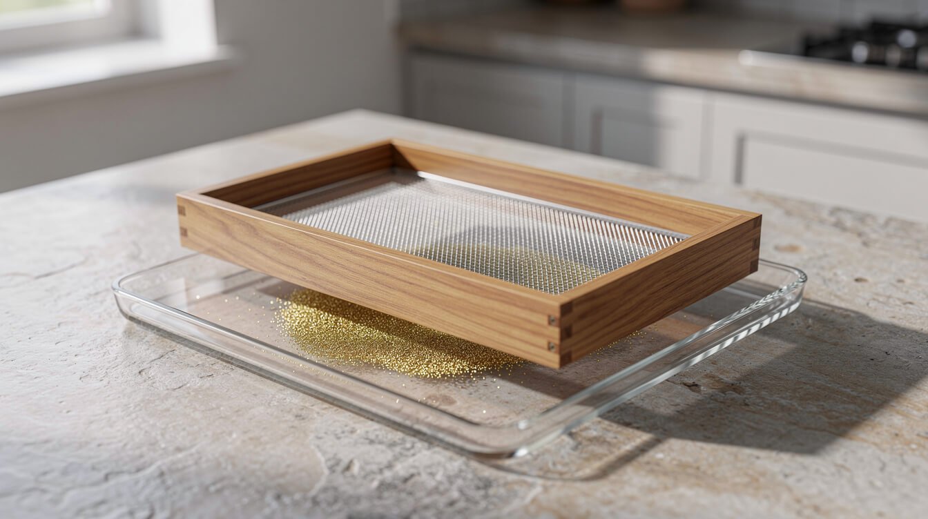 Wooden sift box with a fine mesh screen and golden kief collected below