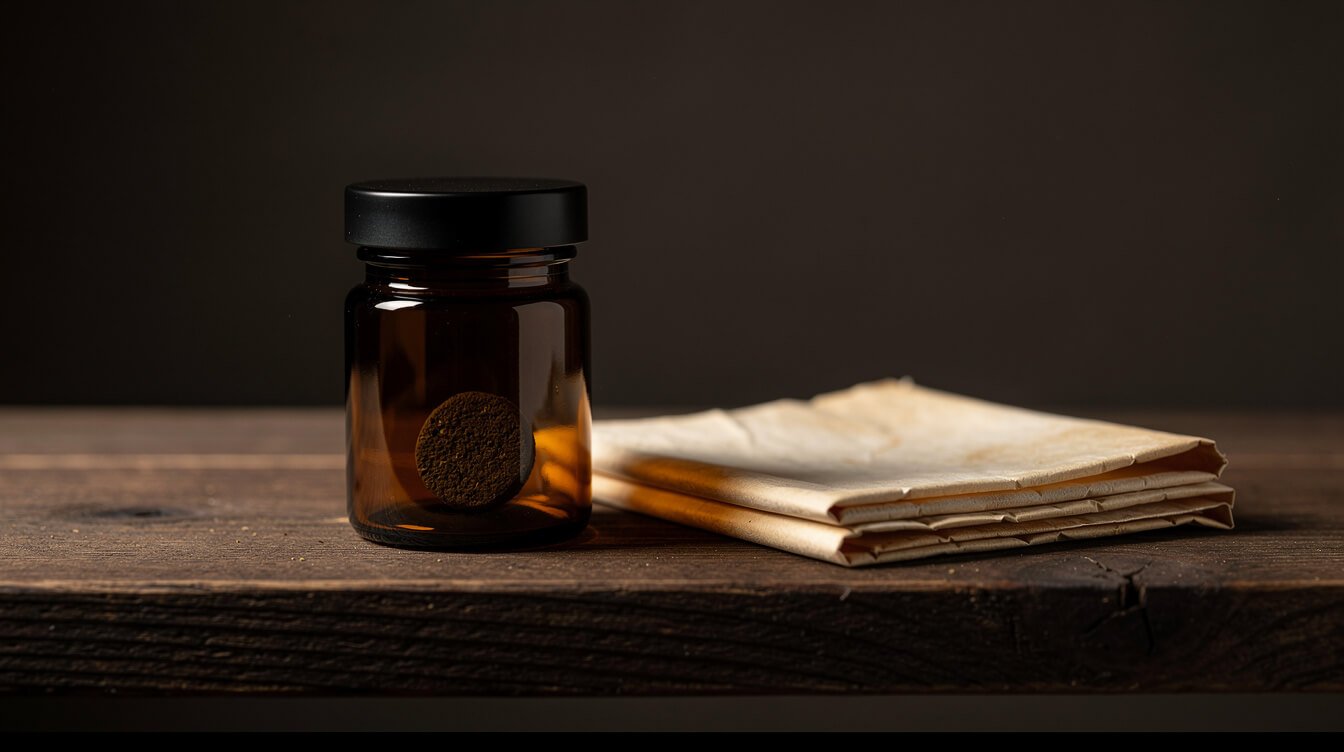Hash coin stored in an airtight amber glass jar