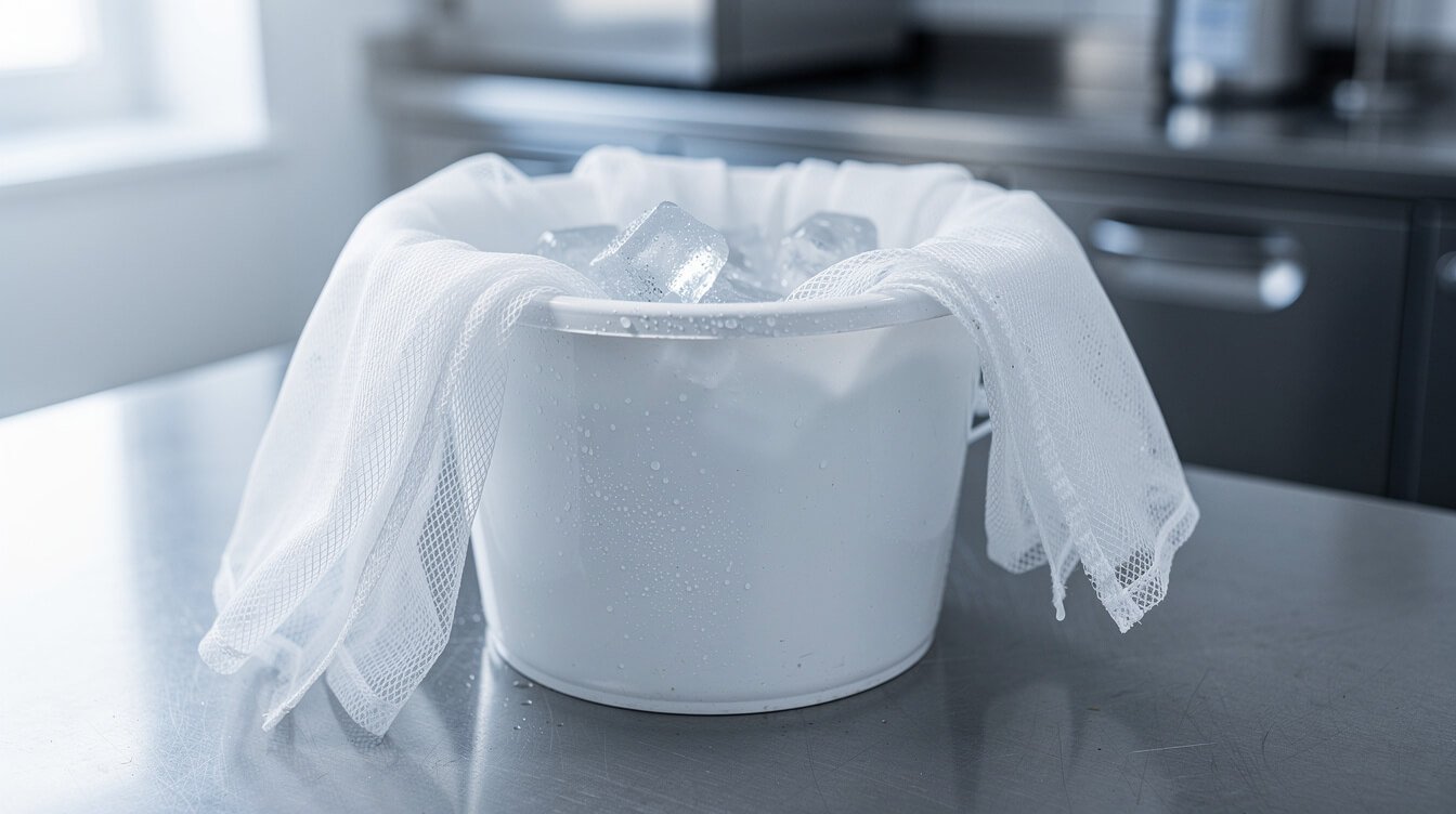 Mesh filter bags draped over a bucket of ice water for bubble hash
