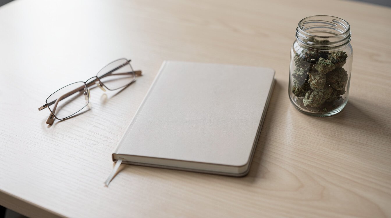 Notebook, reading glasses, and a jar of legally possessed cannabis on a desk