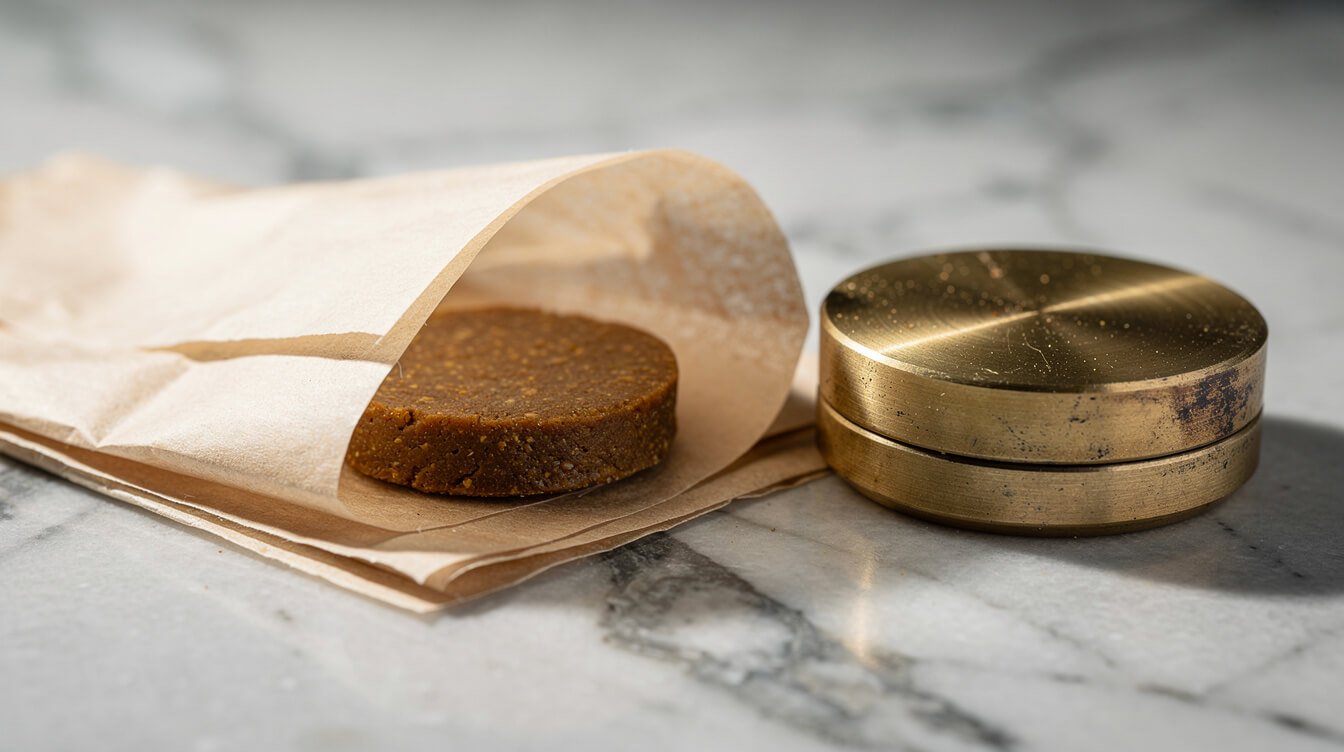 Pressed hash disc in parchment beside a small brass pollen press