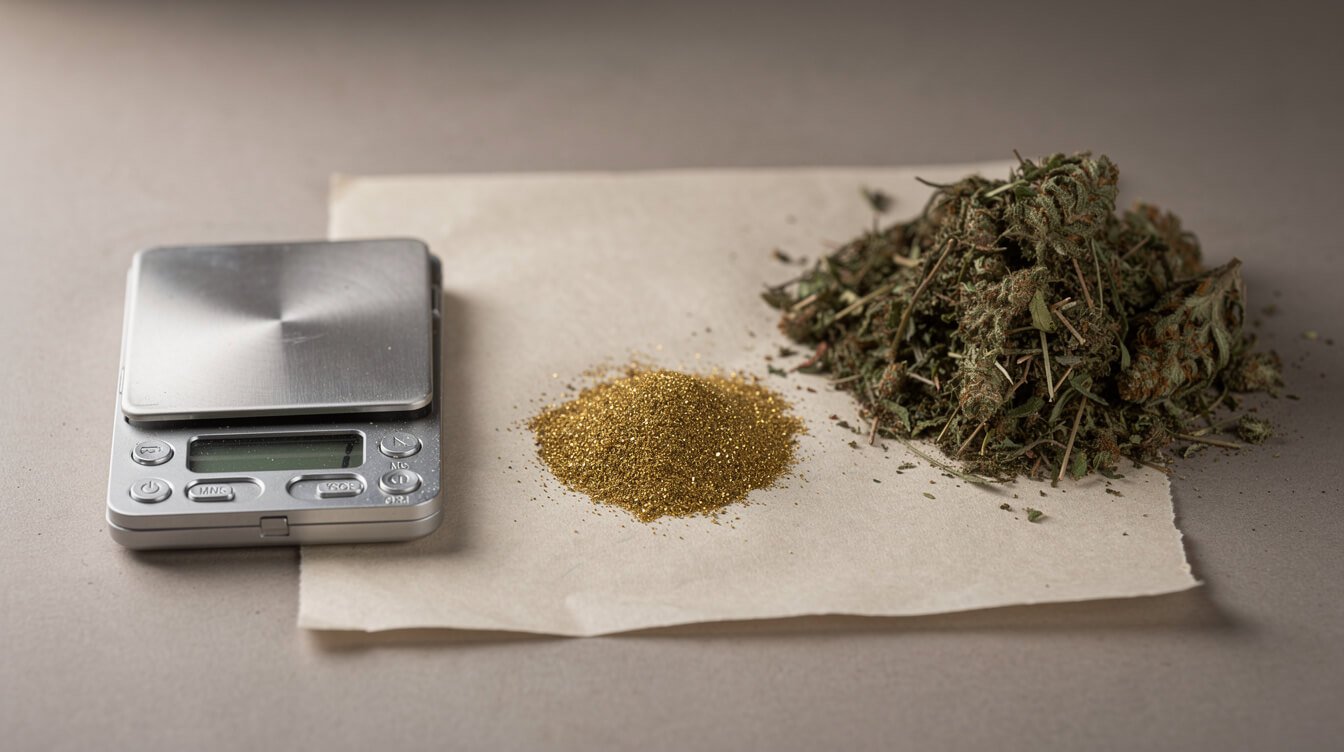 Pocket scale beside a small pile of kief and a larger pile of cannabis trim