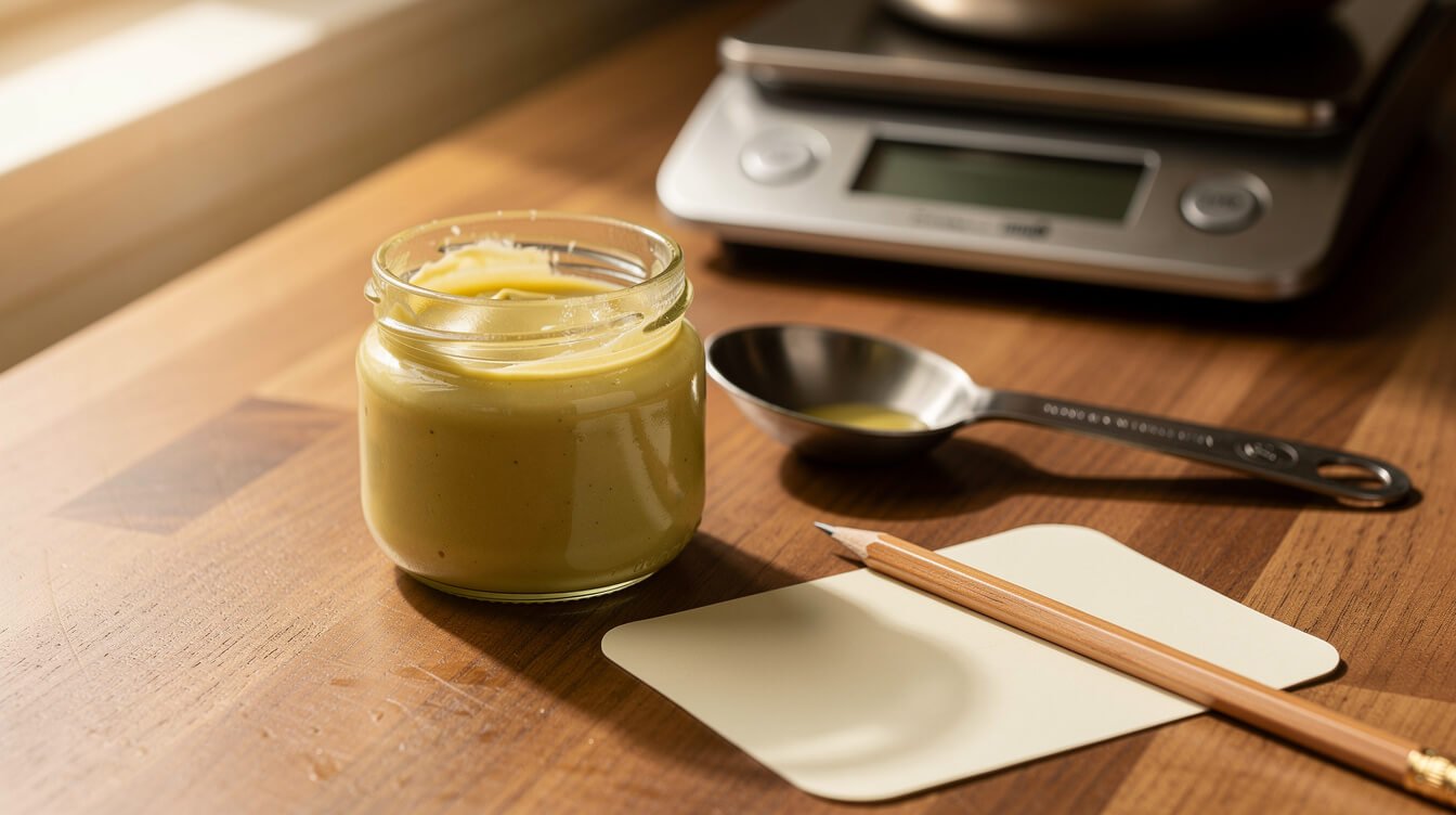 jar of cannabutter with a measuring tablespoon and a blank index card for writing its potency