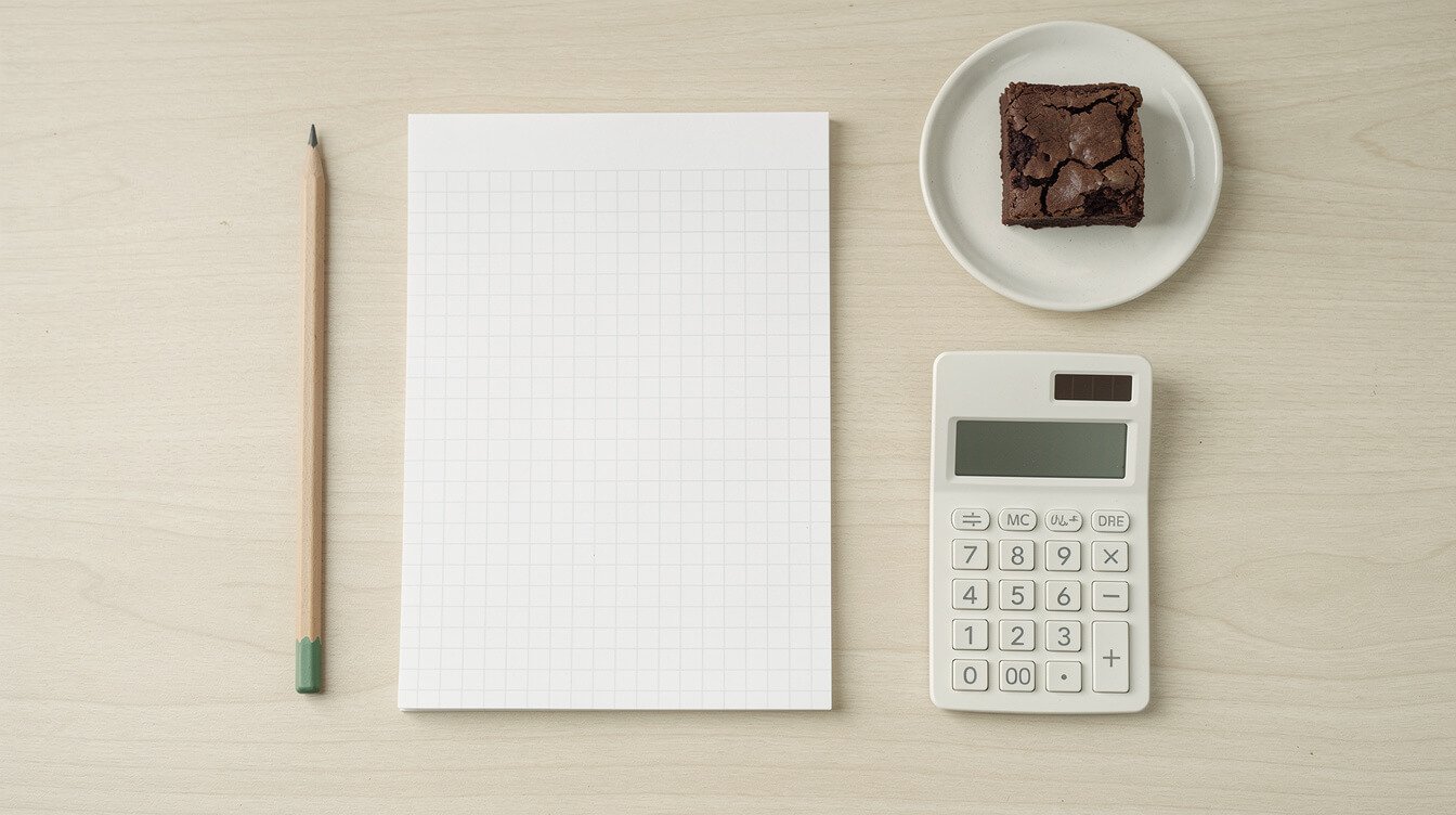 notepad with a grid sketch, a calculator, and a single brownie square for working out mg of THC per piece