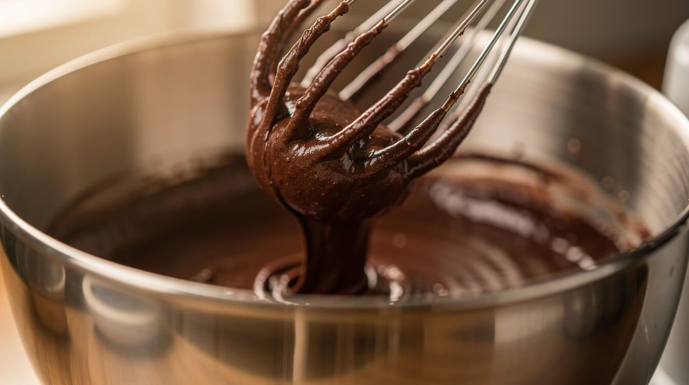 whisk lifting glossy, fully emulsified brownie batter from a steel mixing bowl