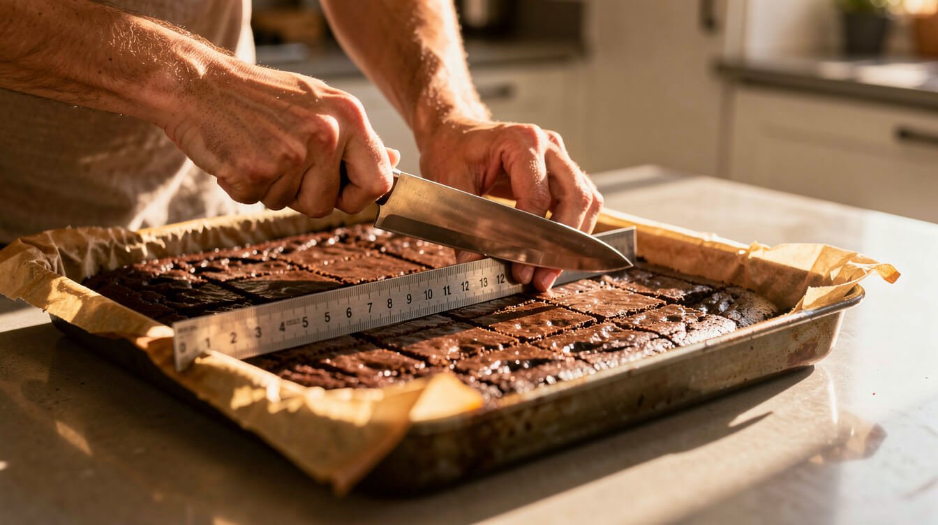 baker cutting cooled brownies against a steel ruler for evenly dosed squares
