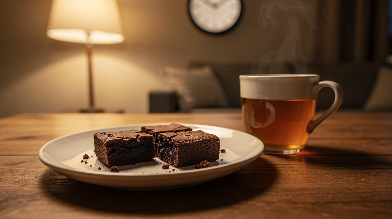 one small brownie square cut into pieces on a plate beside a mug of tea in a calm evening living room