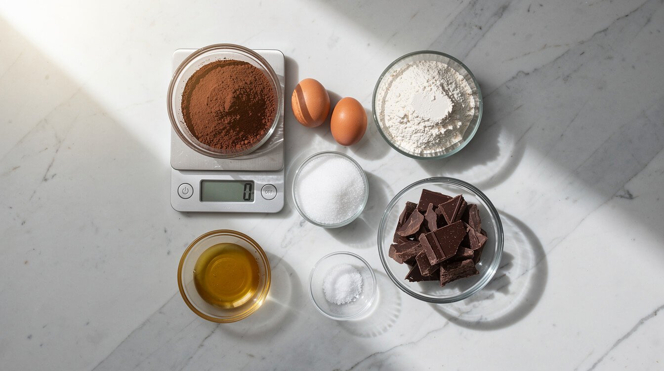 brownie ingredients weighed out on a kitchen scale: cocoa, sugar, eggs, flour, dark chocolate, and melted butter
