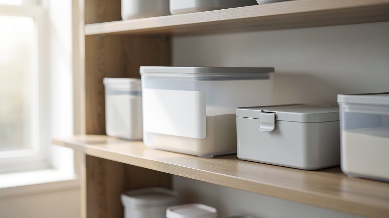 labeled airtight container and a lockable storage box on a high pantry shelf