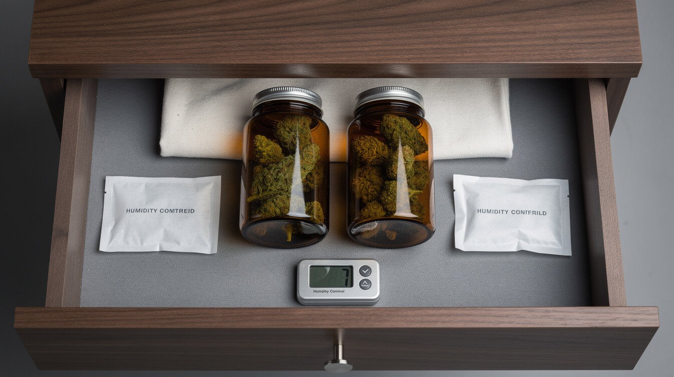 proper weed storage setup with airtight amber jars, humidity packs, and a hygrometer