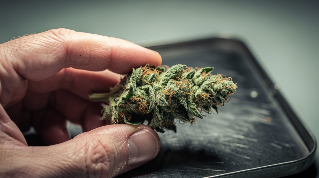 close-up inspection of a cannabis bud to check whether it has gone bad
