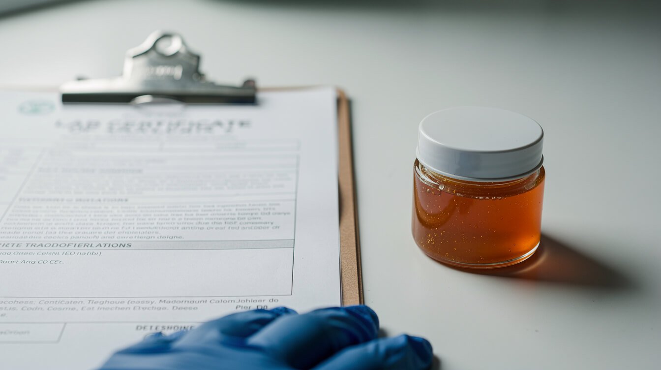 Certificate of analysis beside a sealed live resin concentrate jar