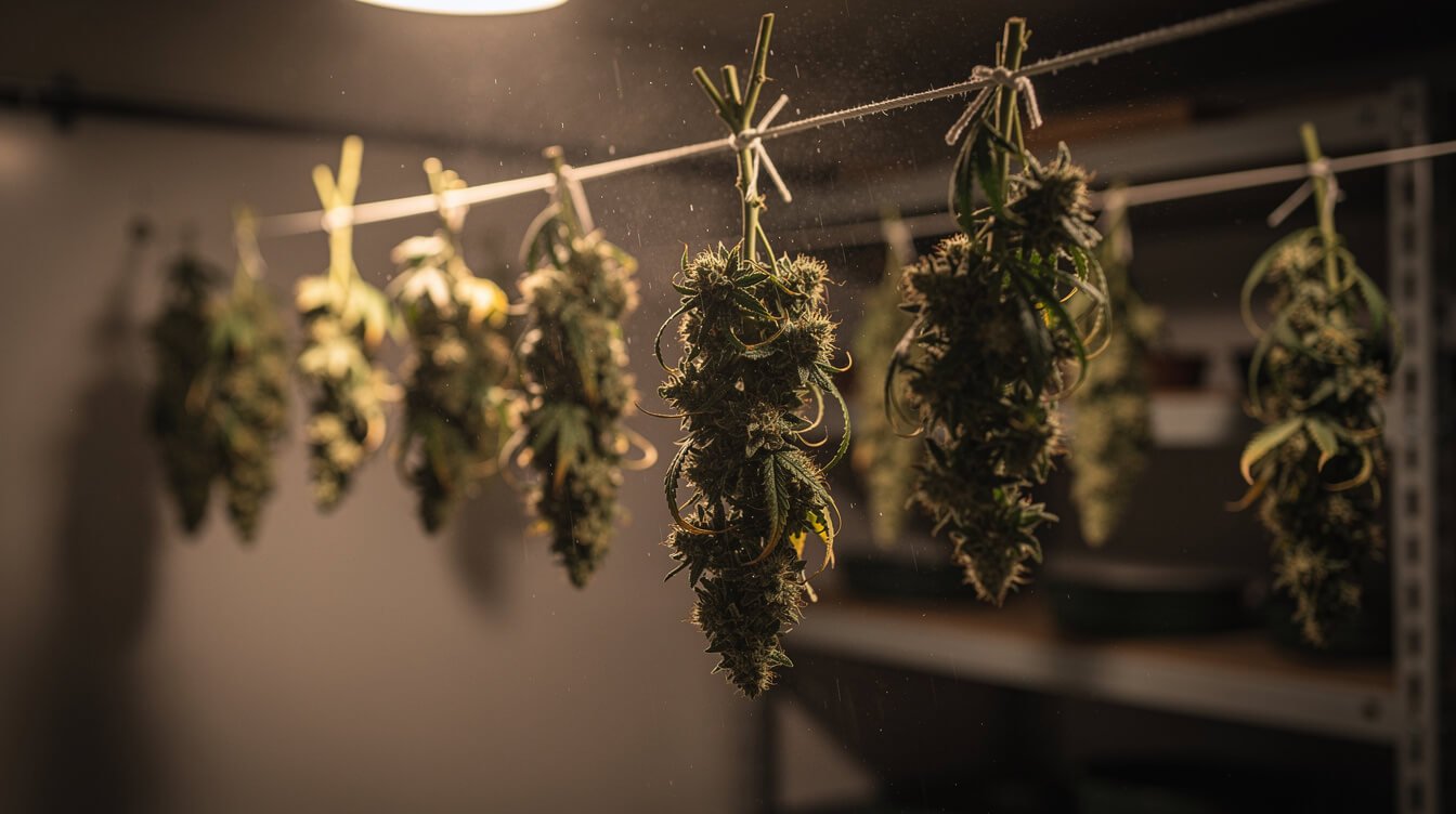 Cannabis buds hanging to dry, the step live resin skips
