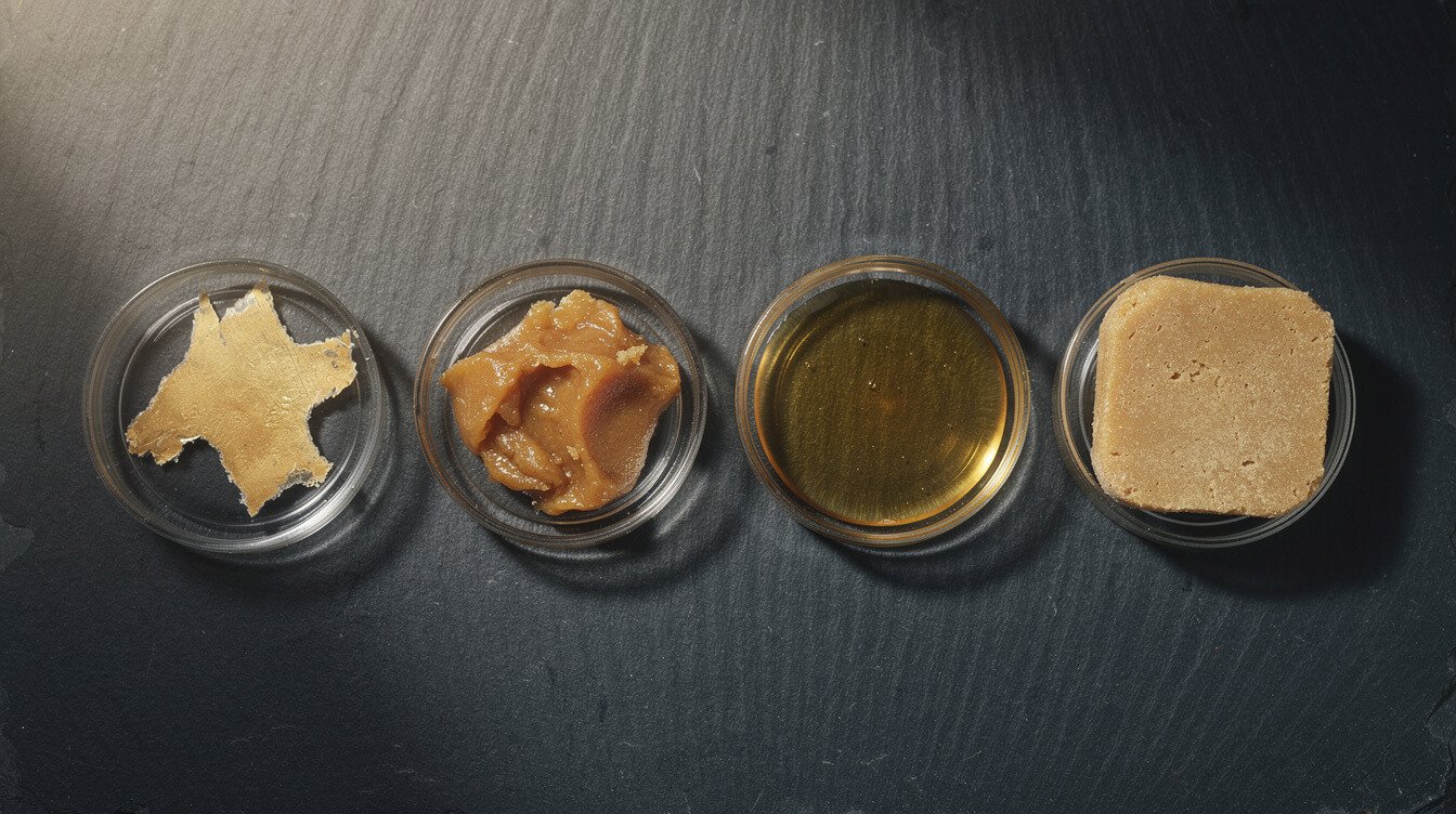Four cannabis concentrate textures compared side by side