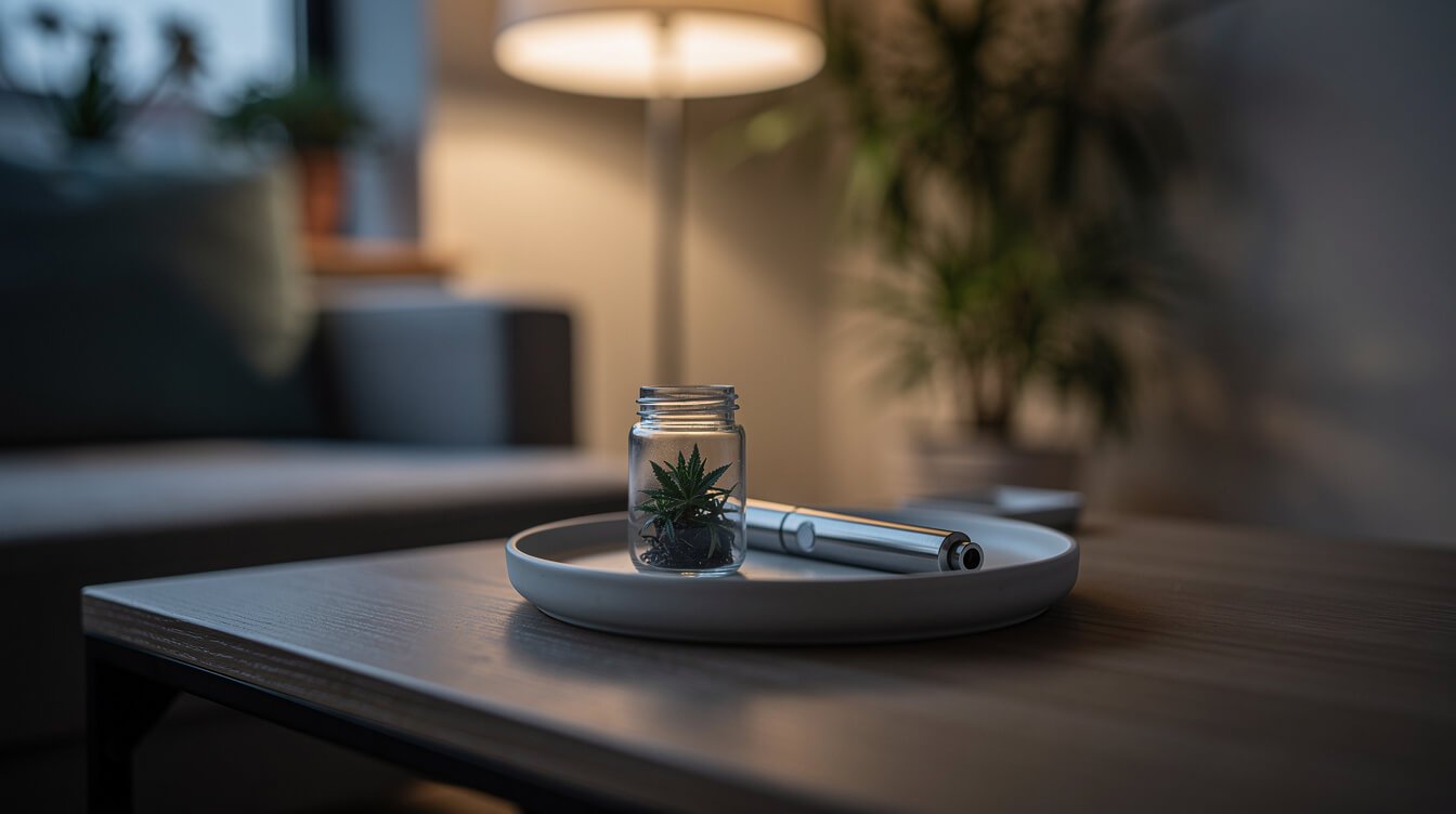 Sealed live resin jar and vaporizer on a side table at dusk