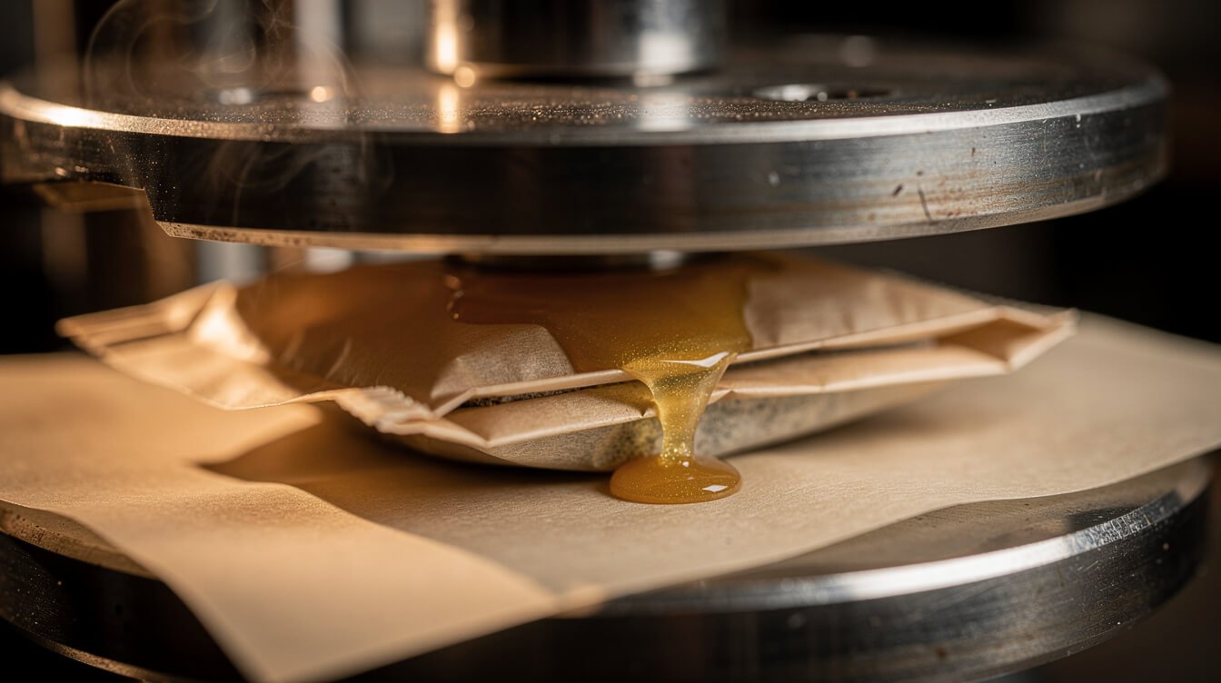 A heated rosin press squeezing golden oil from a filter bag onto parchment paper