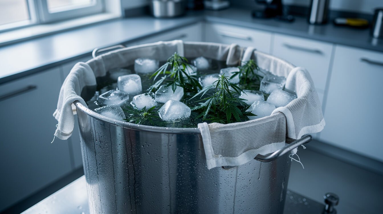 Ice water hash washing in a stainless steel vessel with mesh filter bags