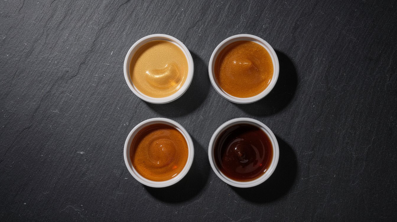 Four cannabis concentrate samples arranged in a grid showing the two variables behind resin and rosin names