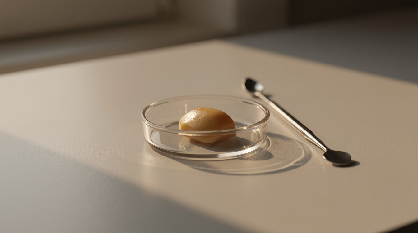 A small dish of pressed cannabis concentrate on a table in warm evening light