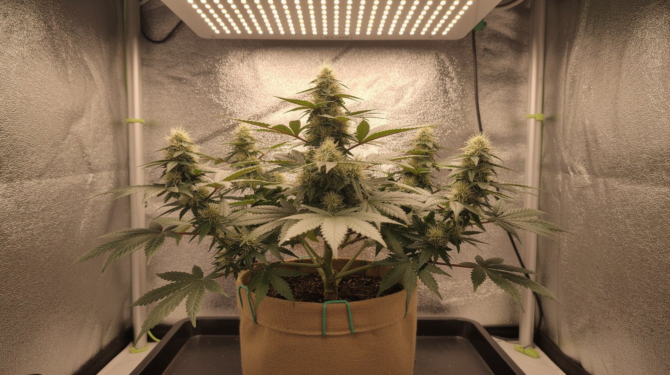 compact autoflowering cannabis plant trained low and wide under an LED panel