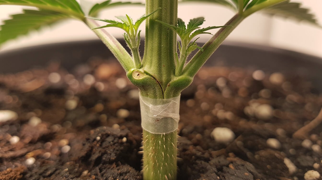 healed knuckle on a cannabis stem splinted with plant tape after a low stress training break