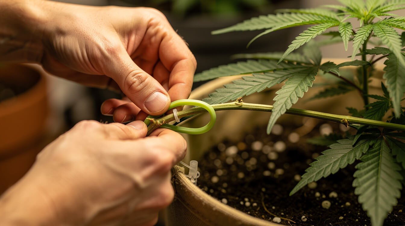 hands tying a cannabis branch down to the rim of a fabric pot during low stress training