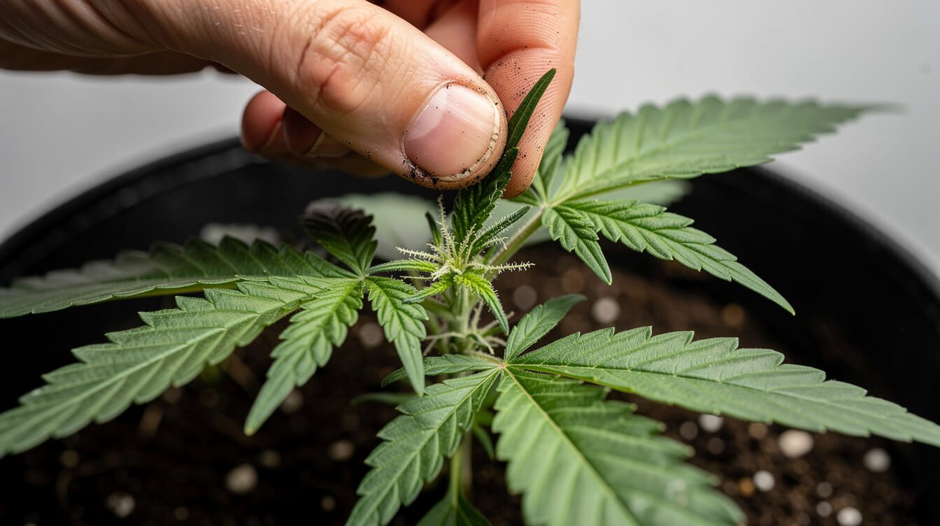 topping a young cannabis plant by pinching the growth tip above two new side shoots