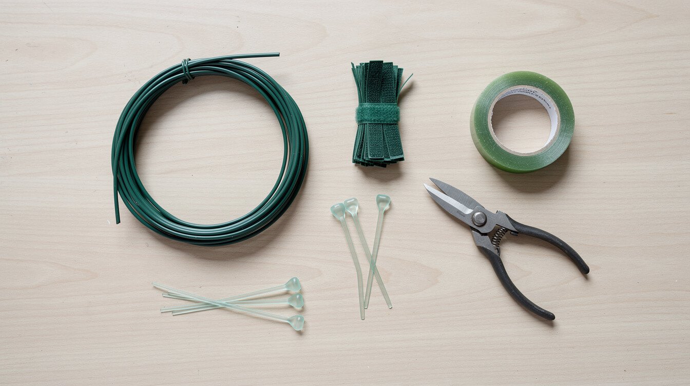 simple inexpensive low stress training cannabis supplies including coated garden wire and soft plant ties