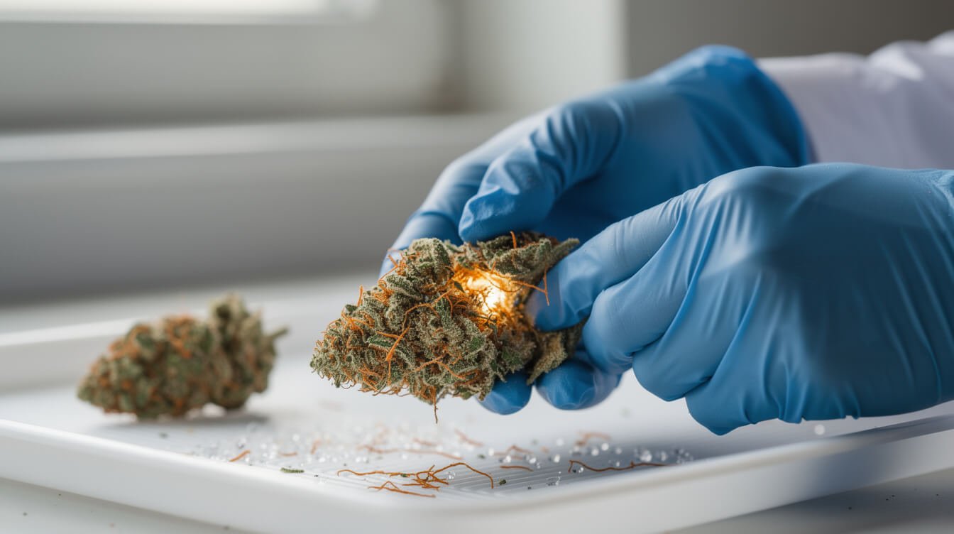 gloved hands breaking open a dense cannabis bud to check the center