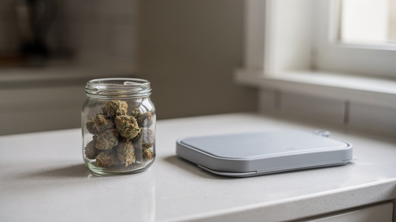 a jar of cannabis set aside next to a trash bin, ready to be discarded