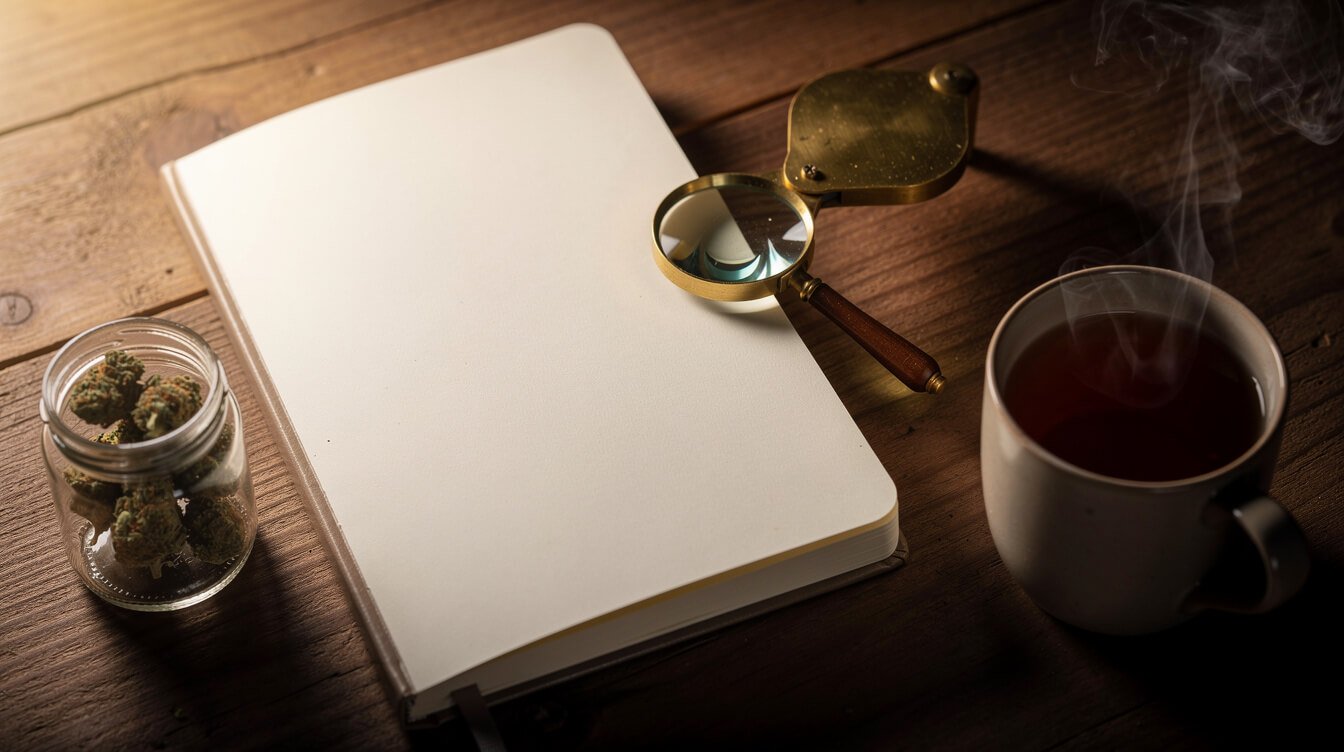 notebook, jeweler's loupe, and a small jar of cannabis on a desk