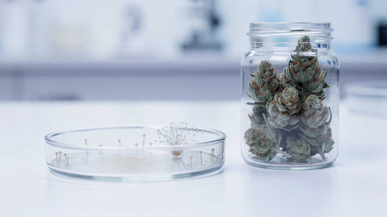 petri dish with fungal colonies next to a jar of cannabis flower in a testing lab