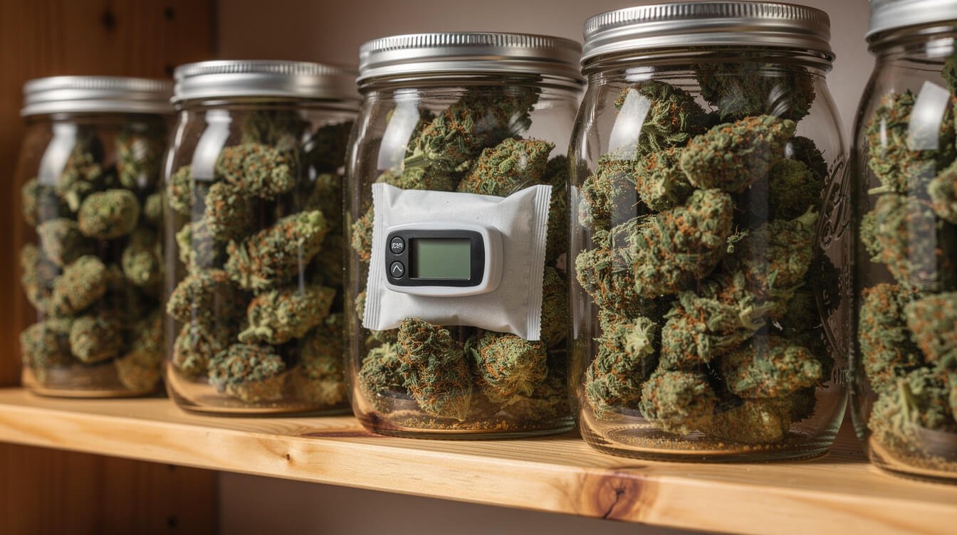 glass mason jars of cured cannabis with a hygrometer and humidity pack