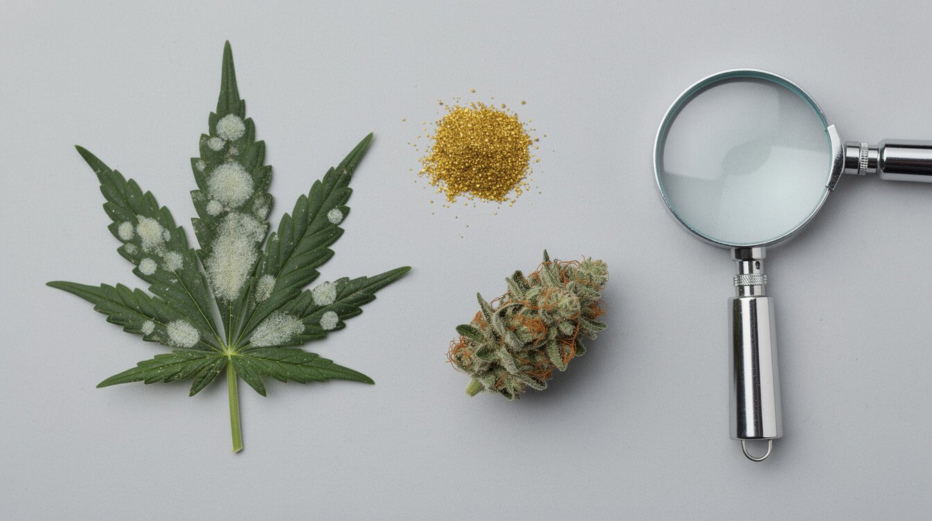 powdery mildew on a cannabis leaf next to kief and a dried bud