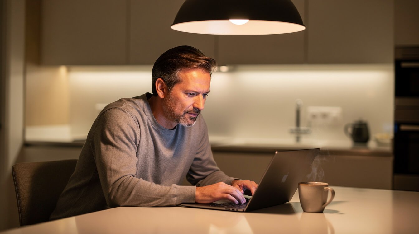 An adult reading about cannabis slang on a laptop at the kitchen table
