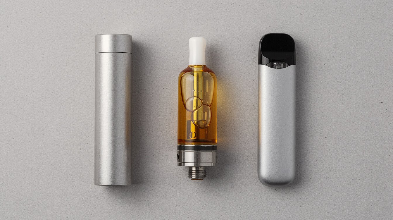 A 510 battery, a THC oil cartridge, and a disposable vape pen laid side by side