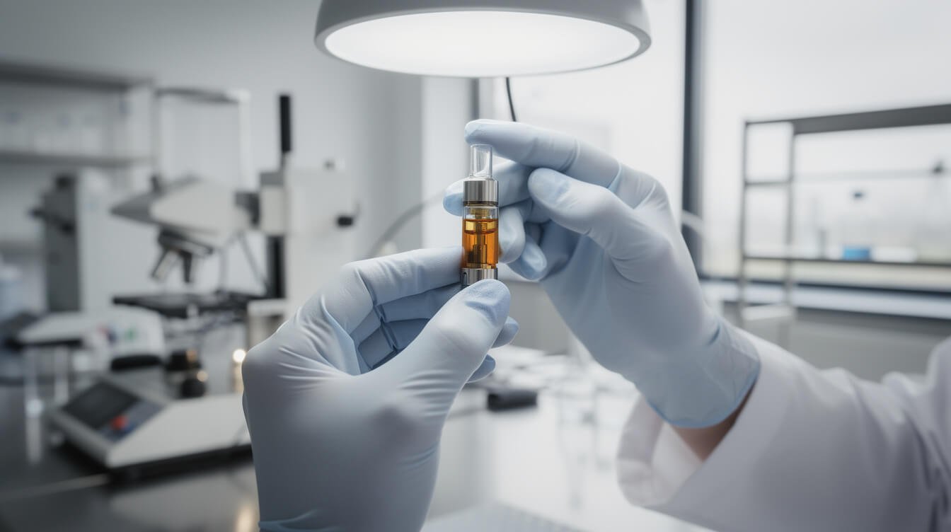 A lab analyst holding a vape cartridge of cannabis oil up to the light