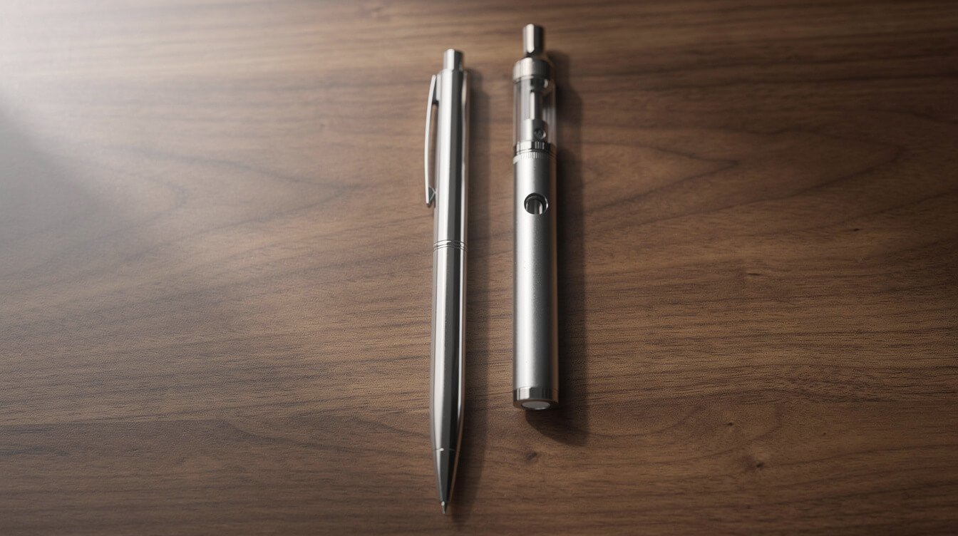 A ballpoint pen next to a pen-shaped vape battery on a wooden desk