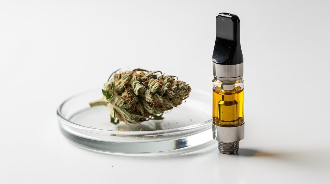 A cannabis flower bud next to a cartridge of THC oil, showing the potency gap