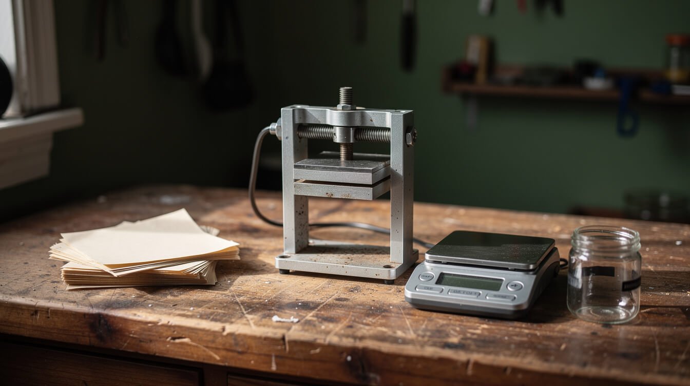 Small tabletop rosin press on a workbench with parchment, a scale, and a collection jar