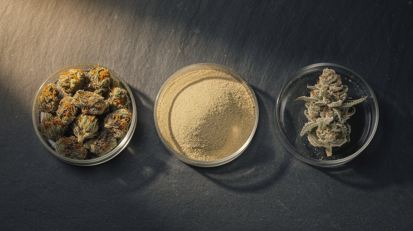 Dried cannabis flower, sifted hash, and fresh-frozen bud in three glass dishes