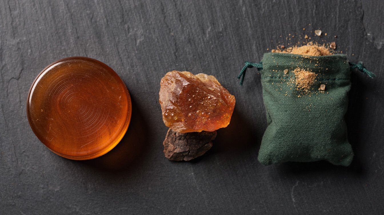 Violin bow rosin, raw pine resin, and a canvas grip rosin bag side by side