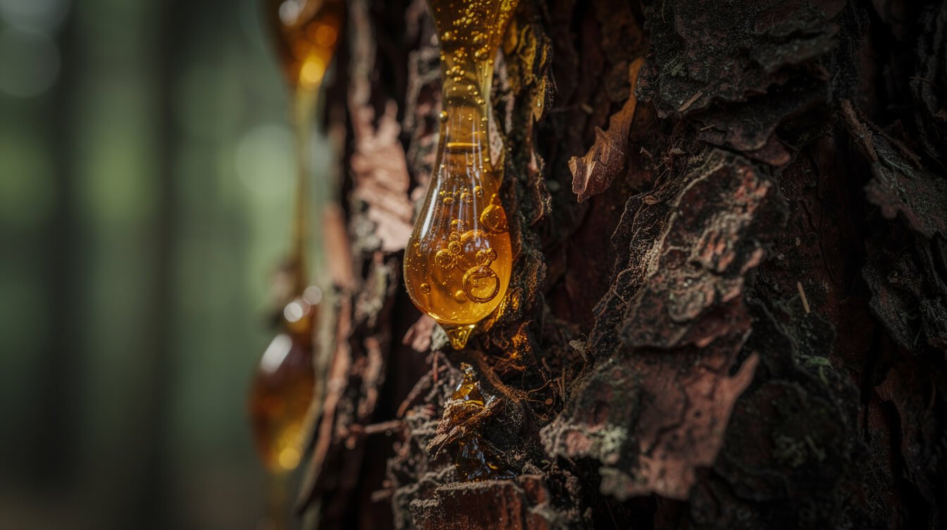 Golden tree resin hardening on dark conifer bark