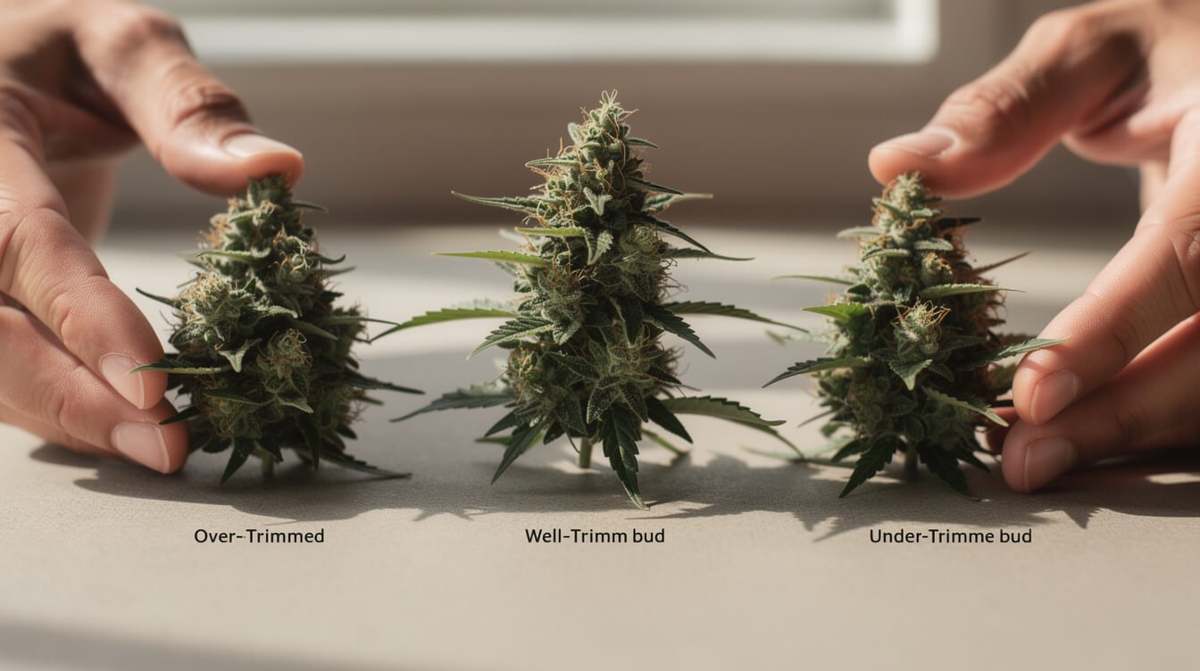 Three cannabis buds showing over-trimmed, well-trimmed and under-trimmed examples