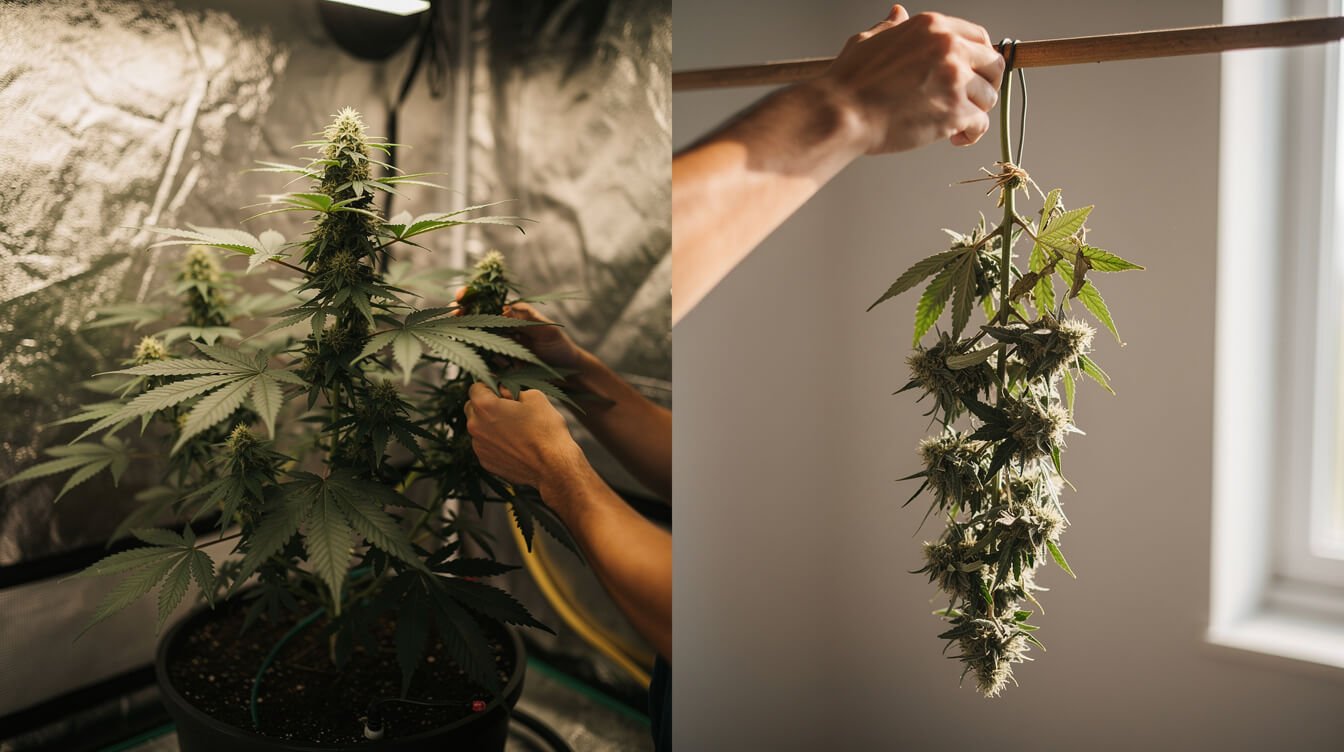 Living cannabis plant in a grow tent beside a harvested branch hanging to dry