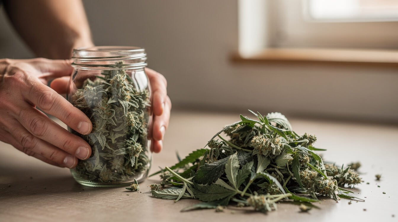 Jar of dried sugar leaf trim beside a pile of discarded cannabis fan leaves