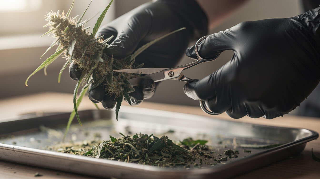 Gloved hands snipping a sugar leaf from a cannabis bud over a trim tray