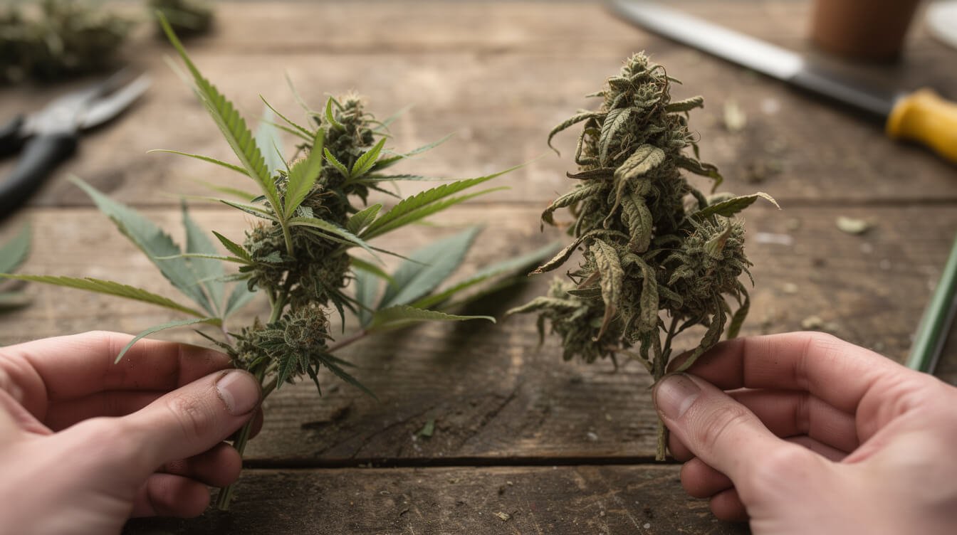 Fresh cannabis branch with upright leaves next to a dried branch with curled leaves